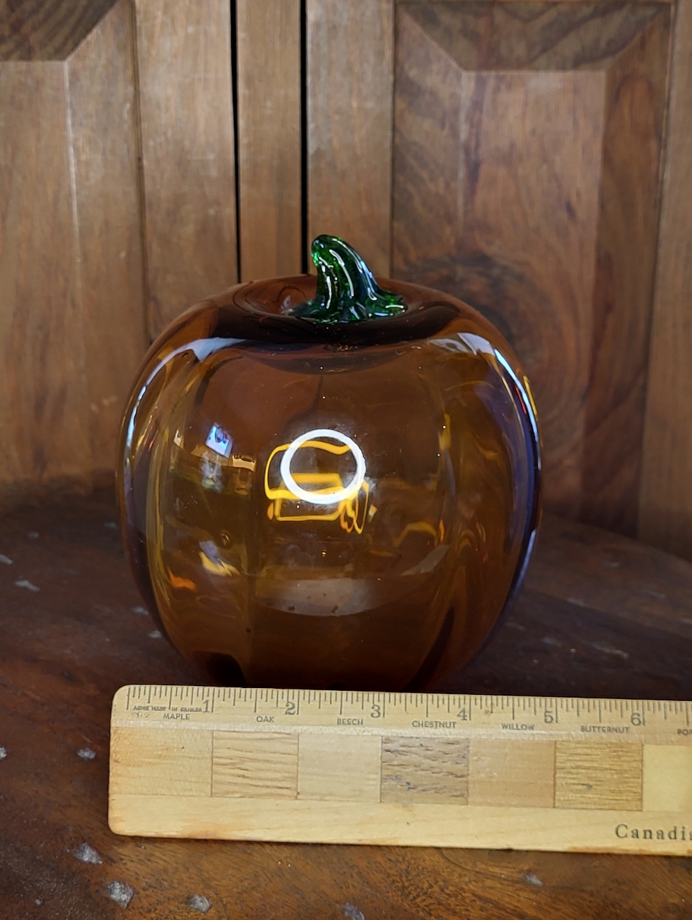 Hand-Blown Amber Glass Pumpkin Décor with Green Stem - Picture 5 of 11
